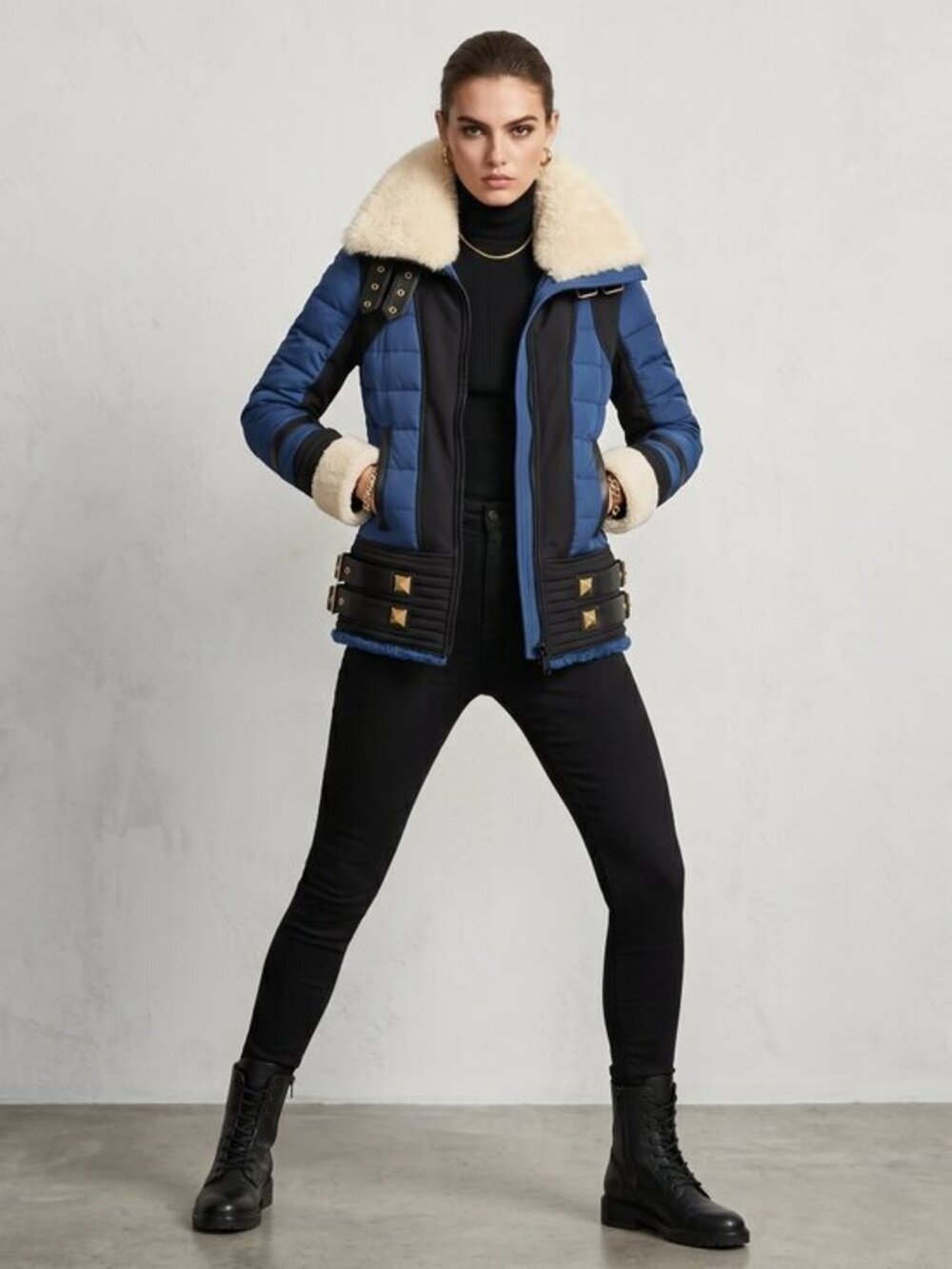 Blanc noir Blue and Black Puffer Jacket with Faux Fur Collar size small
